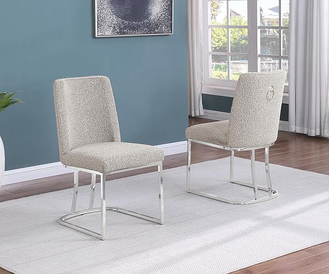 Modern Chairs Set of 2, Chrome Side Chairs & Counter Stools with Ring Pull Back, Luxury Upholstered Chairs for Kitchen Island, Dining Room & Home Bar (Boucle, Gray/Silver, Side Chair)