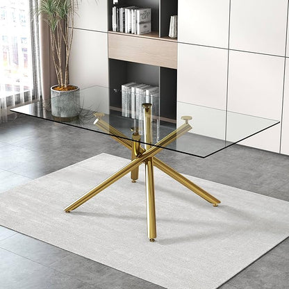 71” Glass Dining Table, Large Dining Table for 6–8 People with 0.4" Thick Tempered Glass Top, Modern Kitchen Table with Gold Metal Leg for Kitchen Dining Room