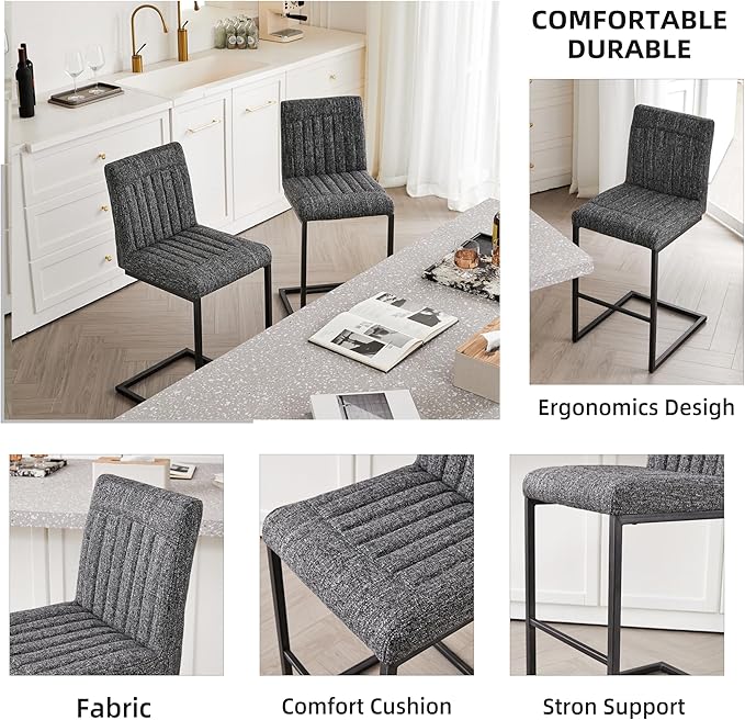 26" Counter Height Bar Stools Set of 2, Modern Upholstered Chairs with Vertical Tufted Backrest & Footrest, Metal Frame for Kitchen Island, Home Bar (Dark Gray Knitted)