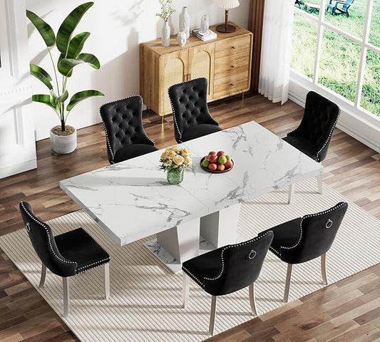Goujxcy 7-Piece Extendable Dining Table Set for 6-8 People 63"-78.7" Kitchen Table Set with 6 Black Upholstered Chairs Modern White Faux Marble Rectangular Dining Room Table Set for Kitchen Apartment