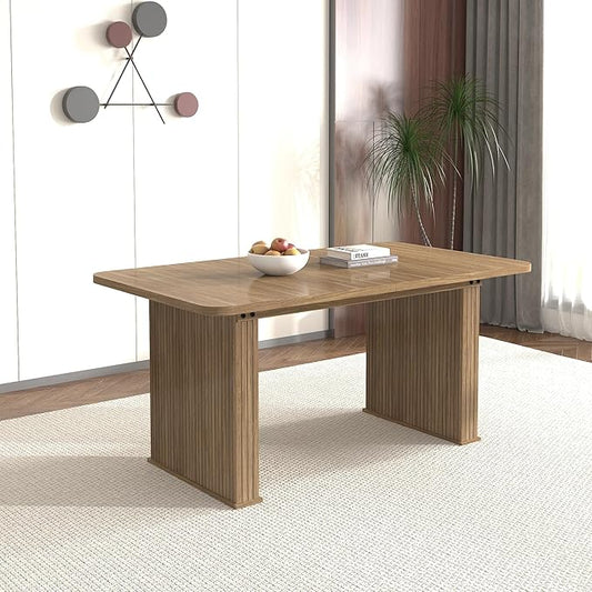 79" Extendable Island Table, Rustic Dining Table with Wooden Build, Farmhouse Dining Table with Double Pedestal for Family Gatherings, Beige Brown