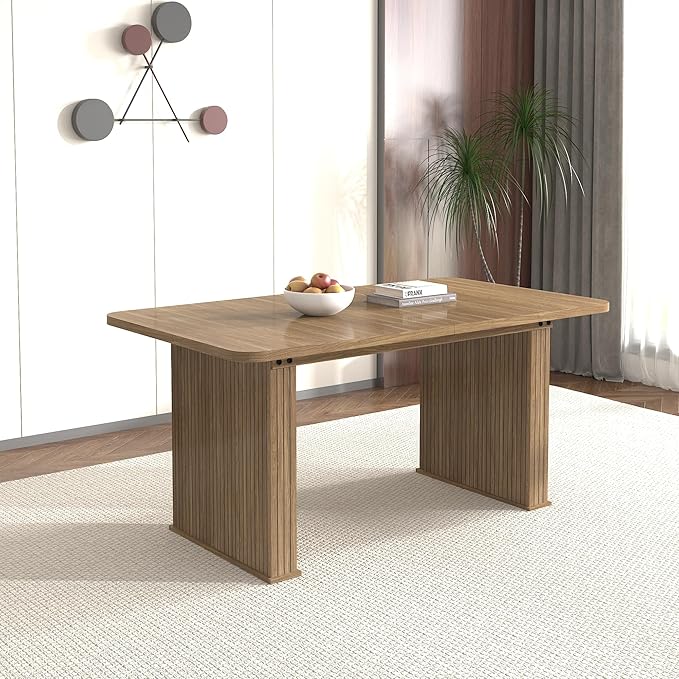 79" Extendable Island Table, Rustic Dining Table with Wooden Build & Vertical Stripes, Farmhouse Dining Table with Double Robust Pedestal for Family Gatherings, Beige Brown