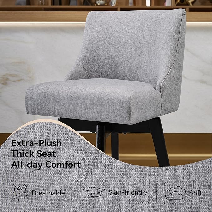 Counter Height Bar Stools Set of 3, Swivel Barstools with Backs and Wood Legs, Linen Fabric Upholstered Counter Stools for Kitchend Island, Mid-Century Modern 26" Seat Height Bar Chairs, Grey