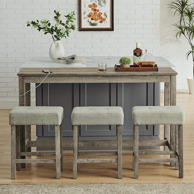 4-Piece Kitchen Island Counter-Table Set with Charging Station, Industrial 59" Dining Tables with 3 Stools, 59 Inch Farmhouse Bar Table Chairs w/USB & Type-C & Power Outlets,Light Brown