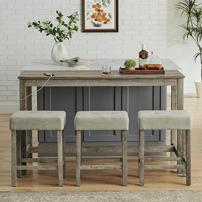 4-Piece Kitchen Island Counter-Table Set with Charging Station, Industrial 59" Dining Tables with 3 Stools, 59 Inch Farmhouse Bar Table Chairs w/USB & Type-C & Power Outlets,Light Brown