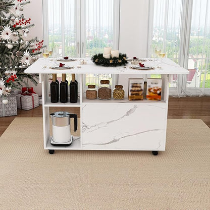 47" Folding Dining Table with Storage Shelves, Multi-Functional Rolling Kitchen Island on Wheels, Compact Desk for Small Spaces, Kitchen, Dining Room, Work, White