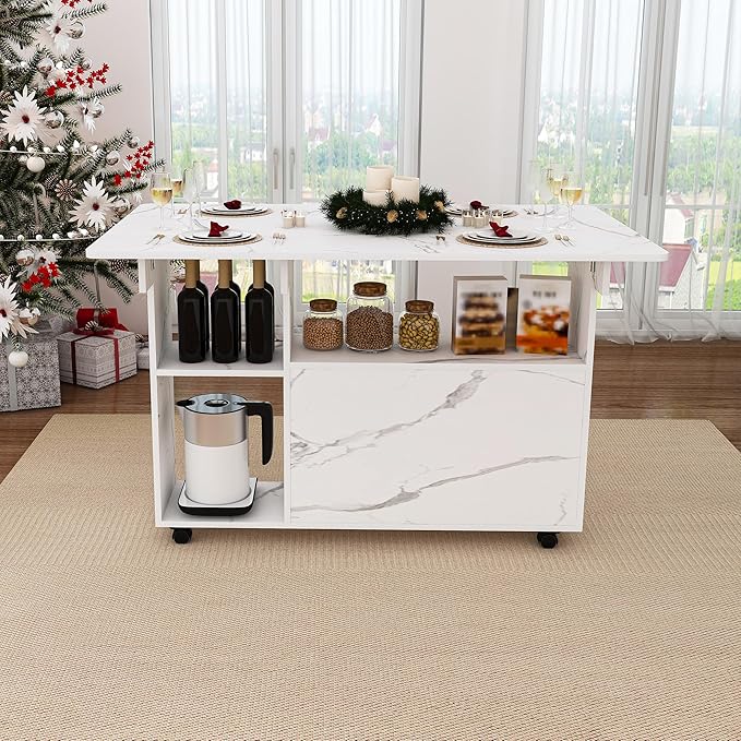Farmhouse Folding Dining Table with Storage Shelves and Wheels, Space Saving Foldable Dining Table for Small Spaces Expandable Kitchen Table for Dining Room Living Room Apartment (White)