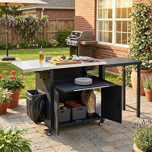 JIJIWANG 73.8" Outdoor Kitchen Island with Stainless Steel Top and Foldable Table, Kitchen Island with Trash and Spice Rack, BBQ Cart with Wheels for Backyard, Patio, Black