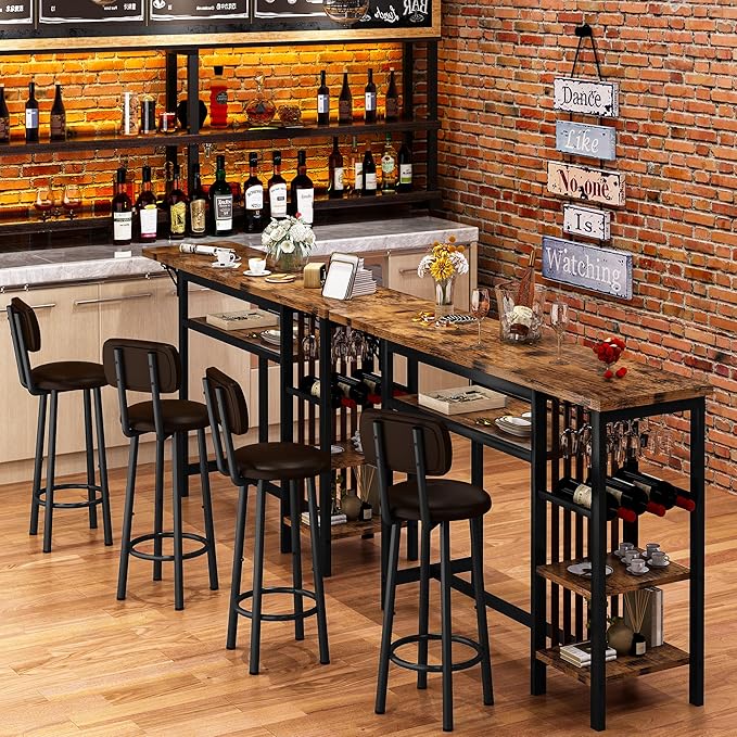 Recaceik 59" Bar Dining Table Set for 2, Bar Table and Chairs Set, Expandable Counter Height Dining Table Set, Small Kitchen Bar Table with Wine Racks & Storage, Breakfast Nook Set for Small Space