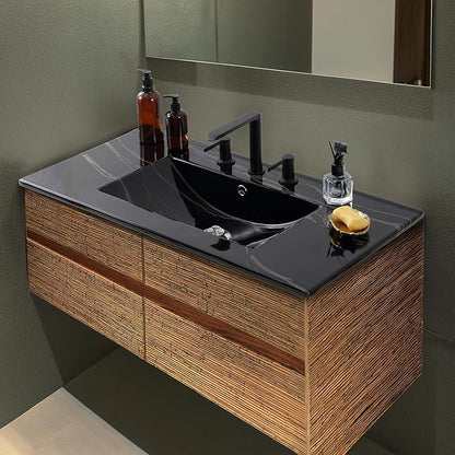 JONATHAN Y SNK1003D Ancillary 3-Hole 36 in. W x 18.25 in. D Classic Contemporary Rectangular Ceramic Single Sink Basin Vanity Top, Black Marble Effect
