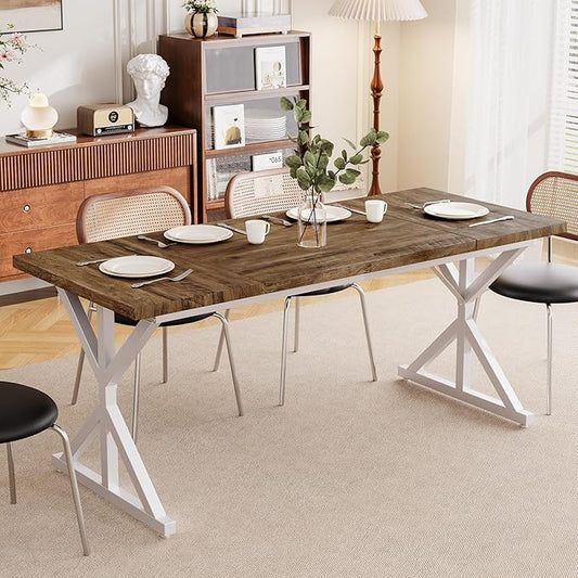 Farmhouse Dining Table for 6 People, 70.8 Inch Rectangular Wood Dining Table, Rustic Kitchen Table with Extra Heavy Duty Metal Legs for Dining Room-Oak