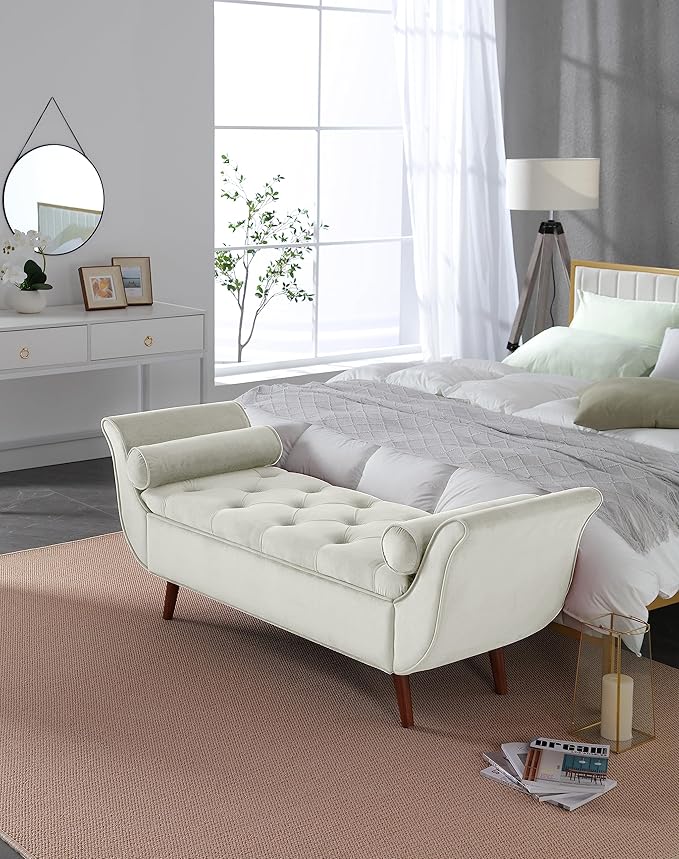 Modern Ottoman Bench with Storage, Upholstered Footstool for Bedroom Living Room Hallway, Bedside Pouf Toy Storage Ottoman Footrest, Versatile Storage Chest Bench Seat,Beige-Velvet