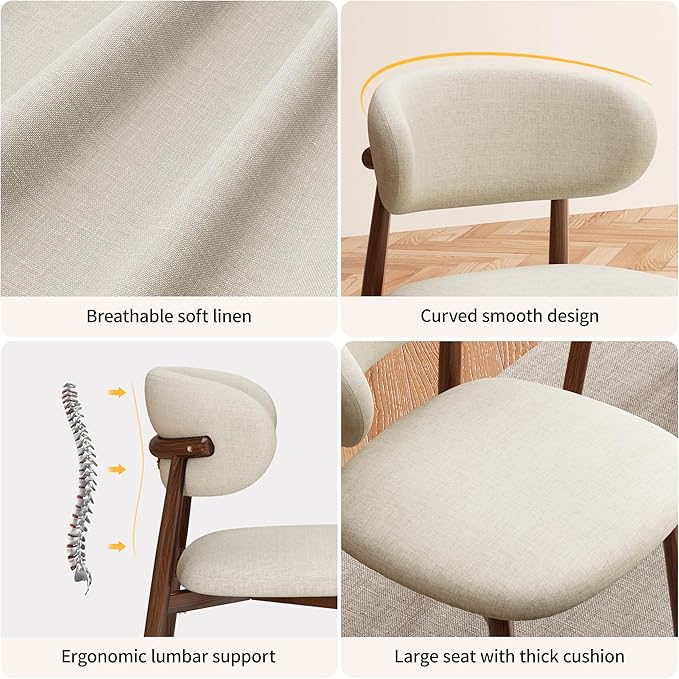 Kitchen Dining Chairs Set of 2 Modern Soft Linen Farmhouse Dining Room Chair with Metal Legs, Beige/Walnut