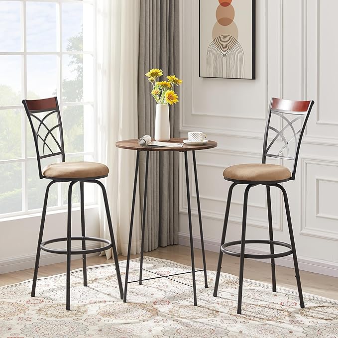 VECELO Bar Stools Set of 2, 24/29" Height Adjustable Barstool,Swivel Counter Stool with Upholstered Seat/Footrest/Back,Steel Bistro Pub Chairs, Island Chairs,Wood Top Backrest