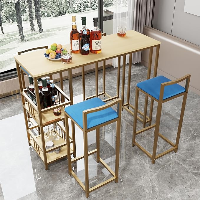 5-Piece Bar Height Table and Chairs Set - Gold Frame Bar Table with Storage & Sponge-Cushioned Chairs,Kitchen Table, Kitchen Island Seating, or Dining Table Set (Gold,Light Beige,Navy Multi)