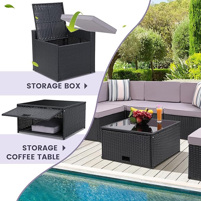 KROFEM 8-Piece Patio Furniture Set, Outdoor Wicker Rattan Sectional with Thick Cushions, Glass Top Table with Hidden Storage, Outdoor Conversation Set for Backyard, Porch, Patio, Light Grey