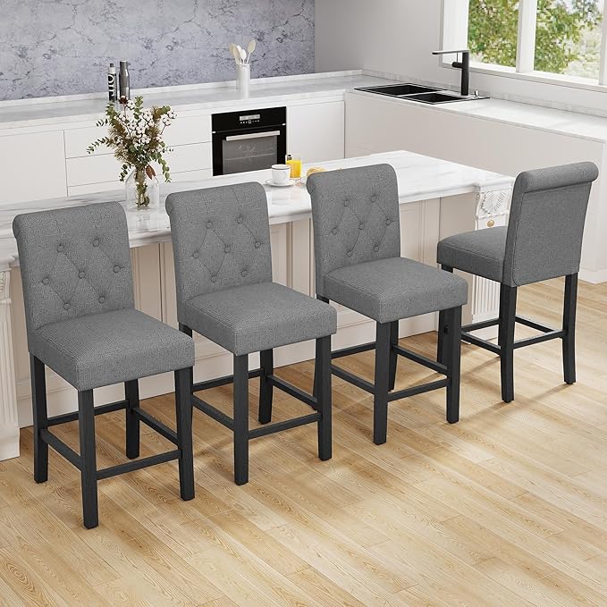LSSBOUGHT 24 Inches Upholstered Counter Height Bar Stools, Kitchen Island Chairs,Padded Barstools with Button-Tufted Back and Solid Wood Legs Set of 4（Gray）