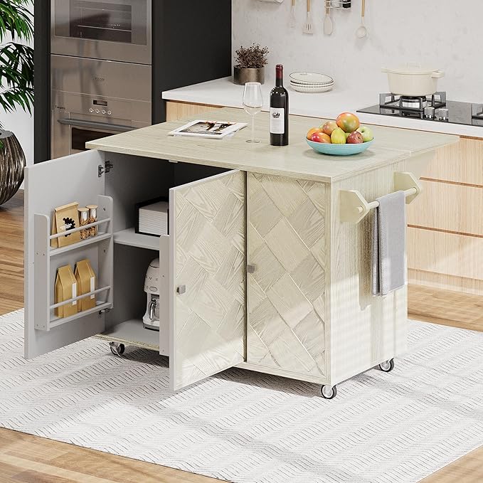 RUNNA 51.2" W Ash Veneer Solid Wood Handwoven Kitchen Island with Drop Leaf, Coastal Kitchen Island on Wheels with Internal Storage Rack, Rolling Kitchen Cart (Champagne#016)