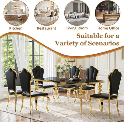 Luxurious 7 Piece Dining Table Set, 70 Inch Black Glass Kitchen Table and 6 Black Petal Back Chairs with Gold Stainless Steel Legs, for Dining Room, Living Room, Restaurant