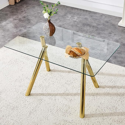 51.2 Inch Glass Dining Table for 4-6 People, Sturdy Metal Tube Legs, Glass Gold Dining Room Tabble for 4, Space-Saving Rectangular Breakfast Nook Table for Home Apartment