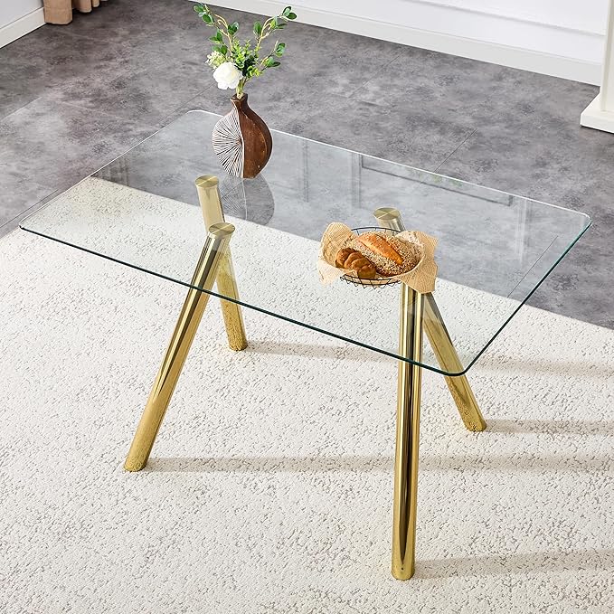 51.2'' Modern Glass Dining Table for 4-6, Rectangular Dining Room Table with Gold Metal Legs, Clear Tempered Glass Top Dining Table for 4, Space-Saving Dinner Kitchen Table for 4, 400lbs Load