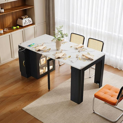 Extendable Dining Table with 3 Removable Middle Leaves,Mobile Rolling Island Table with Power Outlet,for Dining Room Living Room (Black,White Marble#1)