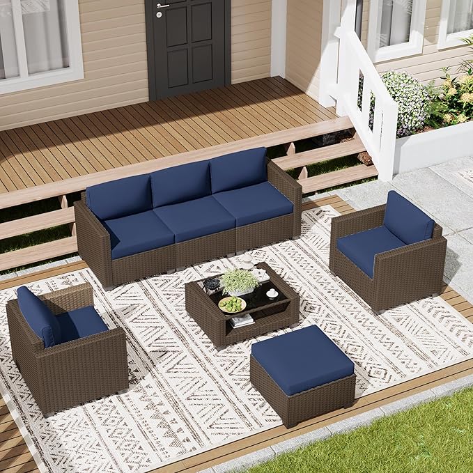 LOUVIXA 7 Piece Outdoor Patio Furniture Set, Rattan Chairs Glass Table Wicker Conversation Seating Sectional Sofa with Cushions (Brown-Navy, 7Pcs-2 Layer Coffee Table)
