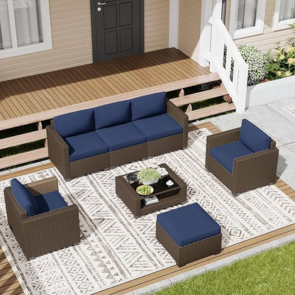 LOUVIXA 7 Piece Outdoor Patio Furniture Set, Rattan Chairs Glass Table Wicker Conversation Seating Sectional Sofa with Cushions (Brown-Navy, 7Pcs-2 Layer Coffee Table)
