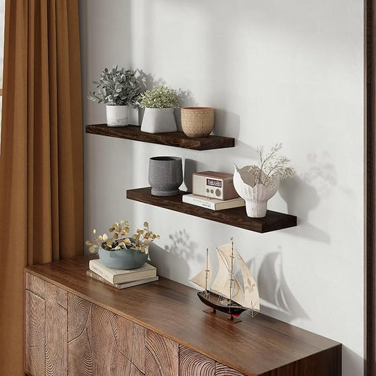 Fun Memories Wood Floating Shelves 36 Inch Long, Solid Elm Wood Wall Shelves Set of 2 for Kitchen, Living Room, Bedroom, Wall-Mounted Rustic Wooden Bathroom Shelf Storage Shelf for Farmhouse, Walnut