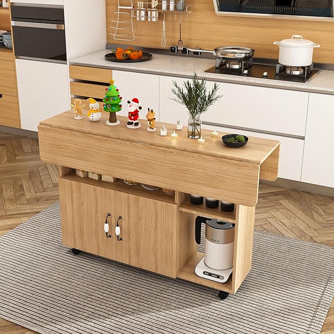 Farmhouse Folding Dining Table with Storage Shelves and Wheels, Space Saving Foldable Dining Table for Small Spaces Expandable Kitchen Table for Dining Room Living Room Apartment (Brown)
