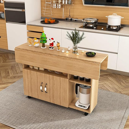 Farmhouse Folding Dining Table with Storage Shelves and Wheels, Space Saving Foldable Dining Table for Small Spaces Expandable Kitchen Table for Dining Room Living Room Apartment (Brown)
