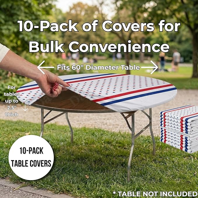 Kwik-Covers 10 Pack of Round Plastic Table Covers - 60" or 72" Round - Indoor or Outdoor Fitted Covers (Tables NOT Included) (Patriotic, 60" Round)