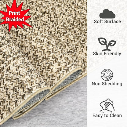 Printed Washable Runner Rug 2x8 Runners for Hallways Braided Pattern Non Slip Bath Mat Modern Soft Bedroom Rug Farmhouse Kitchen Rugs Entryway Rugs Stain Resistant Carpet 2'x8' Natural