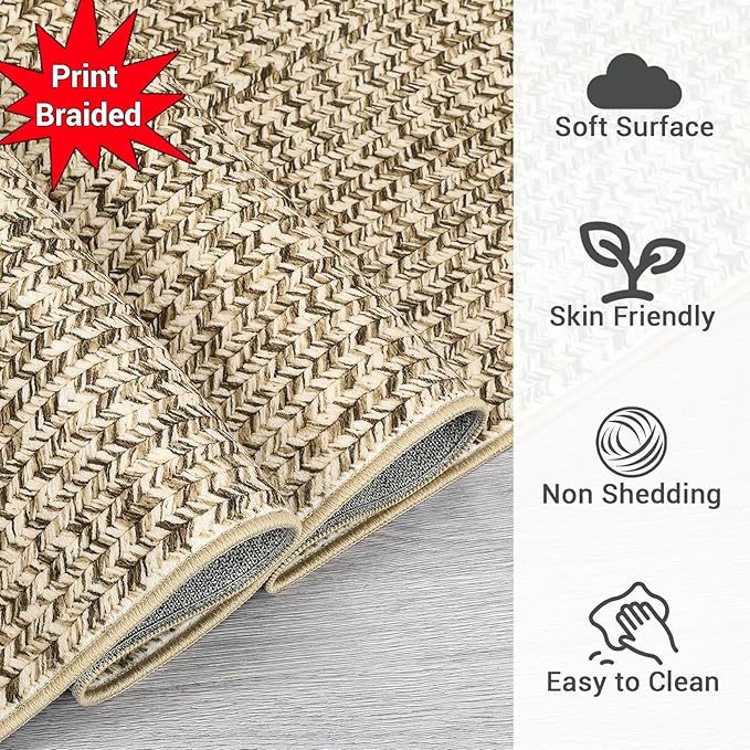 Printed Washable 3x5 Rug Modern Non Slip Entryway Rug Small Living Room Rug Braided Soft Throw Rugs Low Pile Stain Resistant Carpet for Office Bedroom Nursery Dining Room 3'x5' Beige/Grey