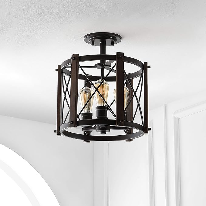JONATHAN Y 14" Oil Rubbed Bronze/Brown 3-Light Iron Flush Mount, Rustic Farmhouse Diamond-Patterned Basket Ceiling Light for Kitchen Hallway, UL Listed, LED Bulbs Included JYL7502A