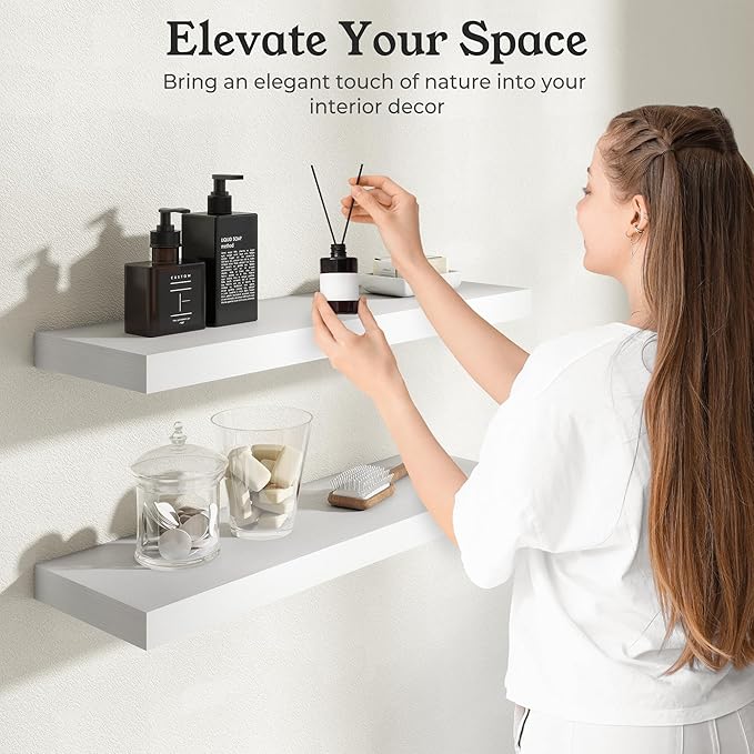 Floating Shelves for Wall, 9.3" Deep Wall Mounted Wood Shelves for Bathroom, Bedroom, Living Room, Kitchen, Hanging Shelf for Books/Storage/Room Decor (White 40")