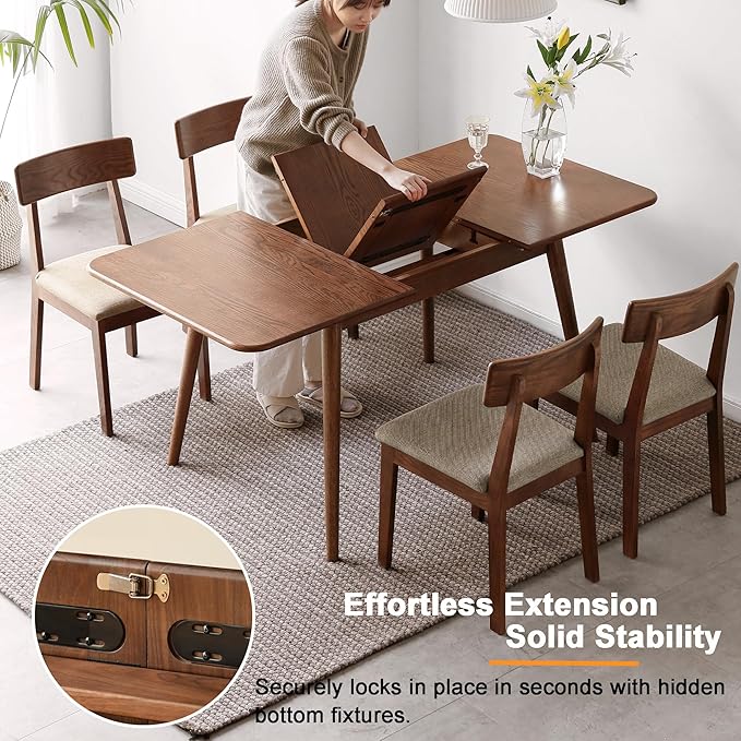 Solid Oak Extendable Dining Table for 4-6 People, 47.2 to 63 Inch, Seamless Expansion, Diagonal Legs, Farmhouse Kitchen Table for Small Spaces (Walnut)