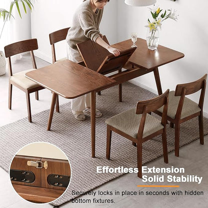 Solid Oak Extendable Dining Table for 4-6 People, 47.2 to 63 Inch, Seamless Expansion, Diagonal Legs, Farmhouse Kitchen Table for Small Spaces (Walnut)
