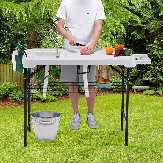 Dragosum 42'' Outdoor Fish Cleaning Table Portable Camping Sink Station with Double Sinks, Collapsible Swivel Faucet, Picnic Sink Table for Picnic Beach Patio