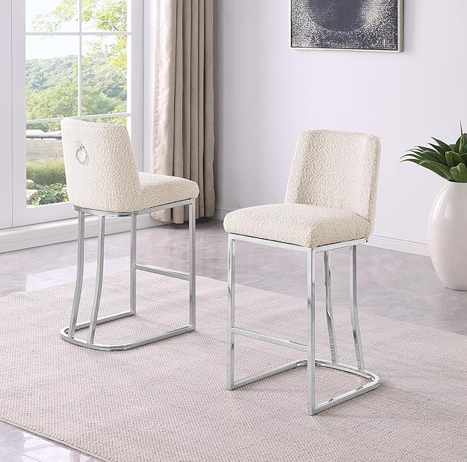 Modern Chairs Set of 2, Chrome Side Chairs & Counter Stools with Ring Pull Back, Luxury Upholstered Chairs for Kitchen Island, Dining Room & Home Bar (Boucle, Cream/Silver, Bar Stool)