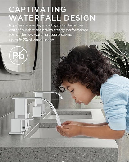 FORIOUS Bathroom Faucets 3 Hole, Waterfall Square 8 Inch Widespread Chrome Bathroom Sink Faucet with Metal Pop-up Drain and Supply Lines, Two Handles for Vanity, RV, Farmhouse
