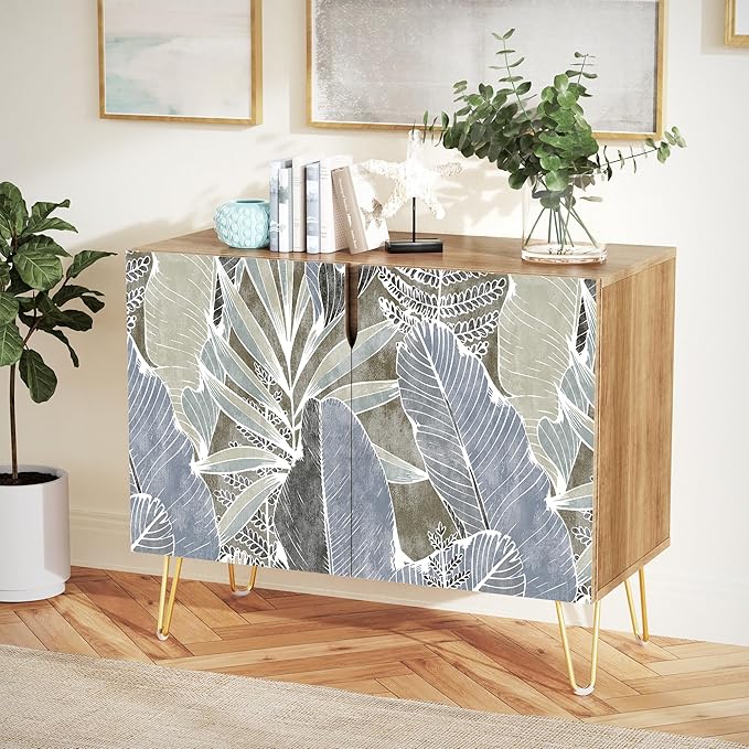 SIGNWIN Sideboard Buffet Cabinet, Kitchen Storage Cabinet with 2 Doors, Tropical Jungle Island Plant Patterns, Cupboard Console Table for Dining Room - 35" L x 18" W x 29" H