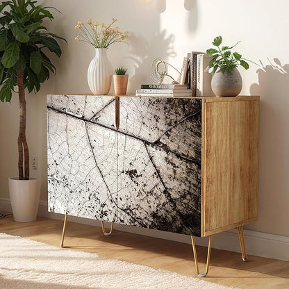 SIGNWIN Sideboard Buffet Cabinet, Kitchen Storage Cabinet with 2 Doors, Grunge Dark Forest Leaf Details, Cupboard Console Table for Dining Room - 35" L x 18" W x 29" H