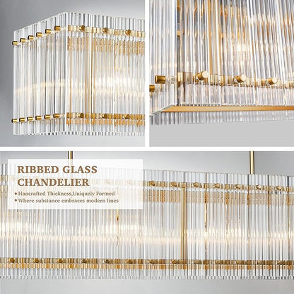 IKK Modern Rectangle Gold Chandeliers for Dining Room, 40" Ribbed Glass Island Light Fixture, Linear Farmhouse Lighting with Adjustable Height for Kitchen Island, Living Room