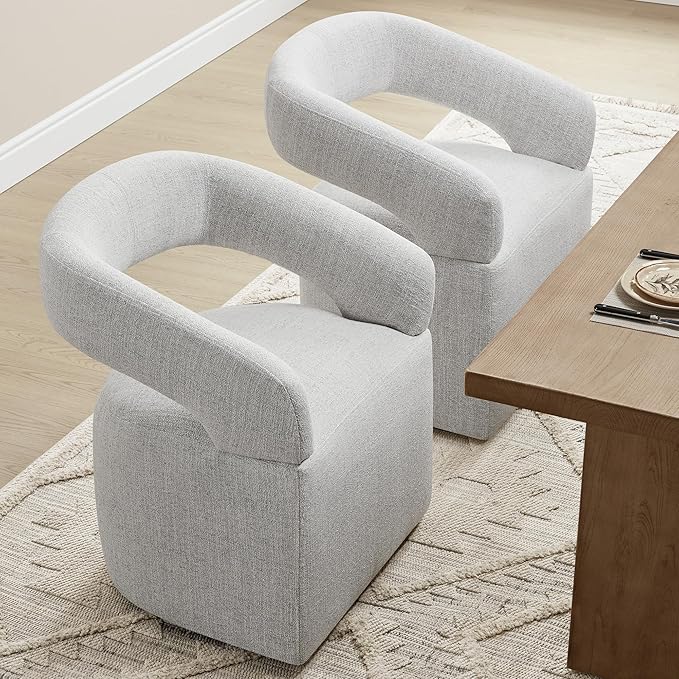 KISLOT Upholstered Dining Chairs with Casters, Modern Barrel Side Armchair with Rollers for Dining Room, Bedroom, Kitchen, Reading Room, Light Gary, Set of 2