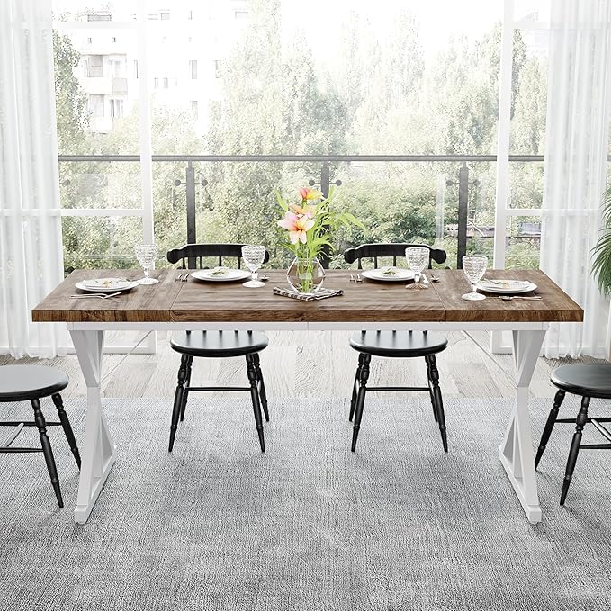 Farmhouse Dining Table for 6-8 People, 70.8 Inch Rectangular Wood Dining Table, Rustic Kitchen Table with Extra Heavy Duty Metal Legs for Dining Room - Rustic Oak/White