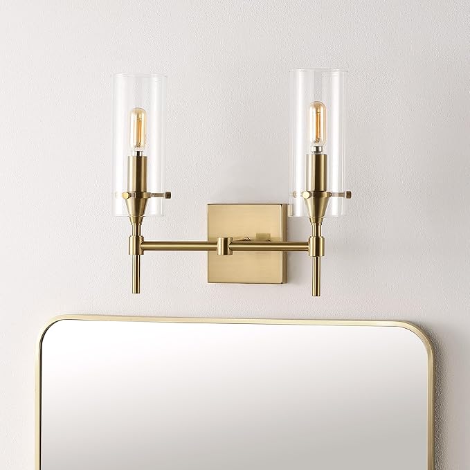 JONATHAN Y 13.5" Brass Gold/Clear Modern Farmhouse LED Vanity Light Sconce, Clear Glass Cylinder Shade, Wall Lamp for Bathroom Mirror Hallway Entryway, LED Bulb Included (JYL7806C)