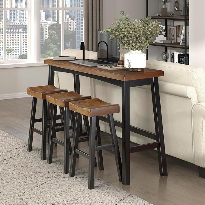 Lexicon Bar Table Set for 3, Small Kitchen Table Set Kitchen Island Table with 3 Saddle Bar Stools, 4 Piece Dining Table Set for Breakfast Nook, Living Room, Apartment, Pub Height, Black/Brown