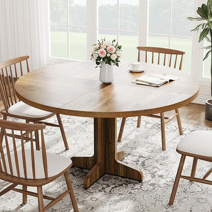 IDEALHOUSE Round Dining Table for 4, 47 Inches Circle Dining Room Table with Wooden Base for Kitchen, Living Room (Table Only), Brown