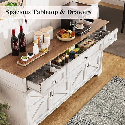BestHaped 65 Inch Farmhouse Buffet Cabinet with Storage, White Sideboard Buffet Cabinet with Adjustable Shelves & 3 Drawers, Buffet Table Coffee Bar Wine Bar Storage for Kitchen & Living Room